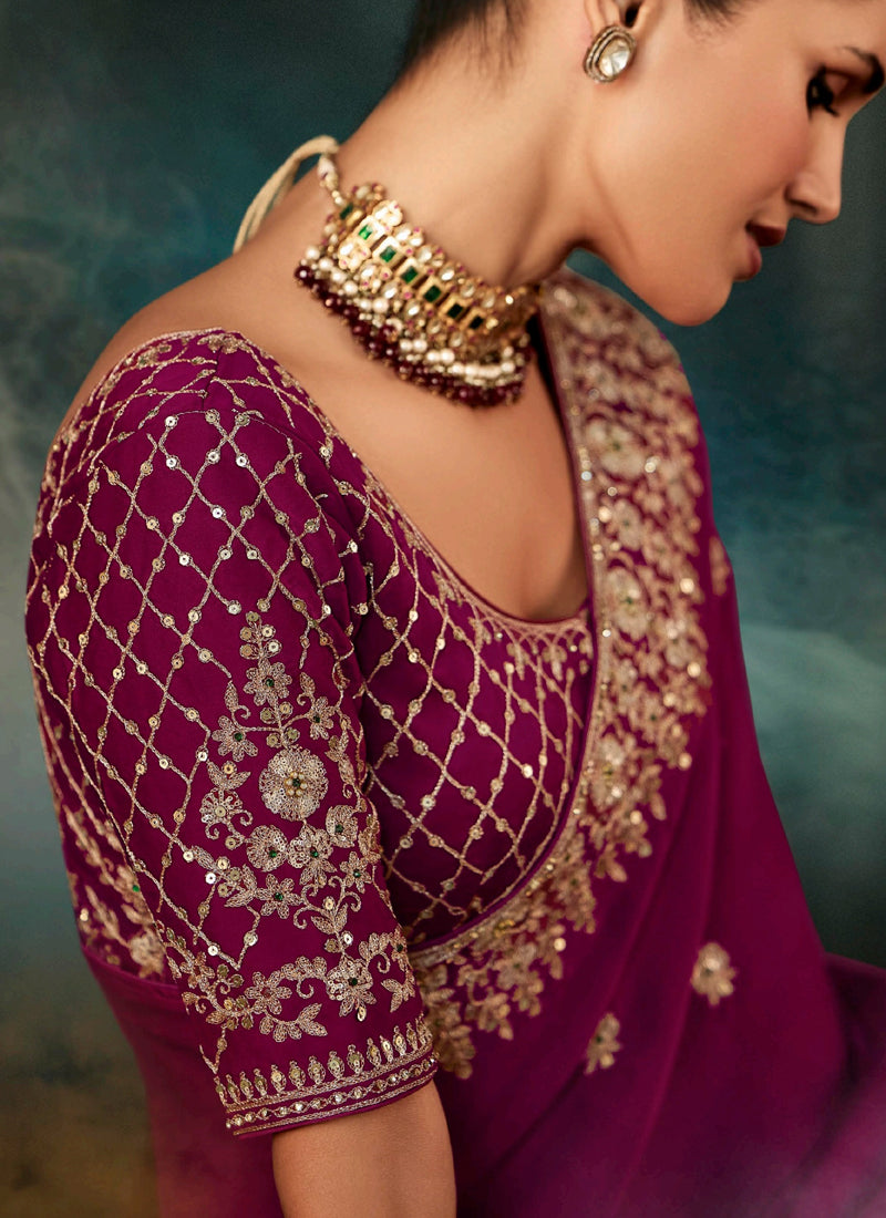 Burgundy Fancy Hand Work Border With Heavy Designer Blouse  Wedding Wear Saree