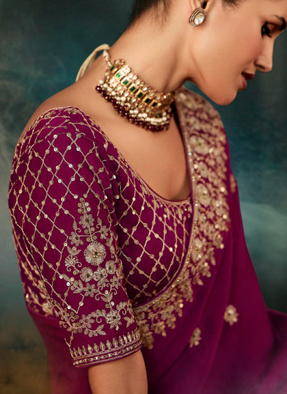 Burgundy Fancy Hand Work Border With Heavy Designer Blouse  Wedding Wear Saree