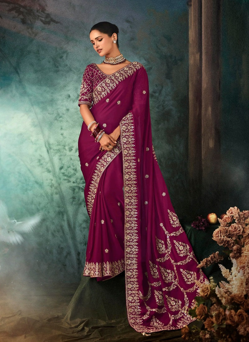 Burgundy Fancy Hand Work Border With Heavy Designer Blouse  Wedding Wear Saree