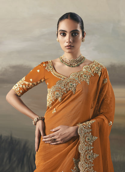 Orange Tissue Heavy Designer Border With Designer Blouse Wedding Wear Saree