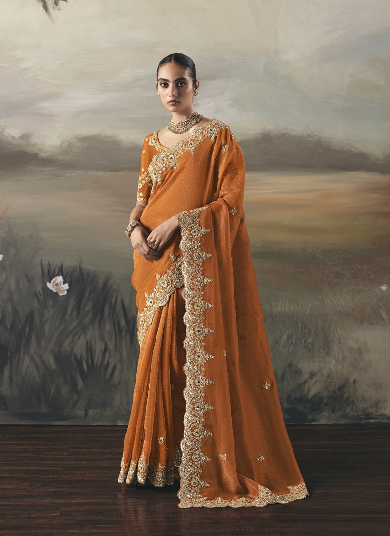 Orange Tissue Heavy Designer Border With Designer Blouse Wedding Wear Saree