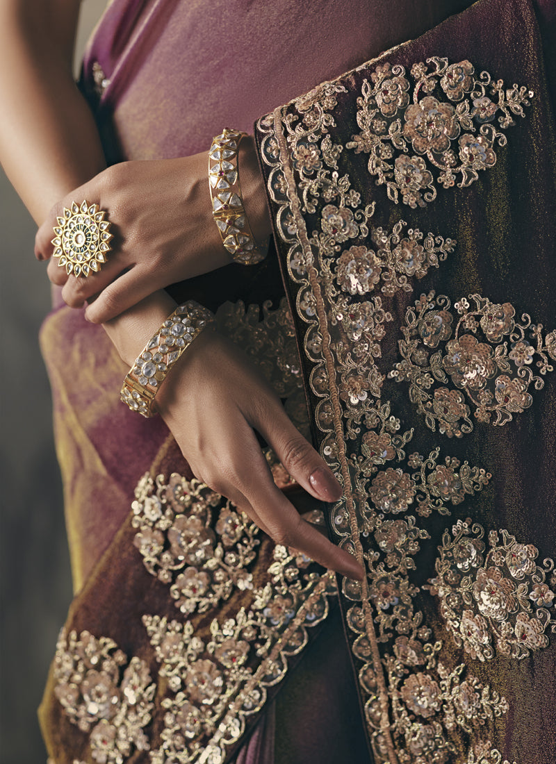 Shaded Wine Heavy Designer Border With Designer Blouse Wedding Wear Saree