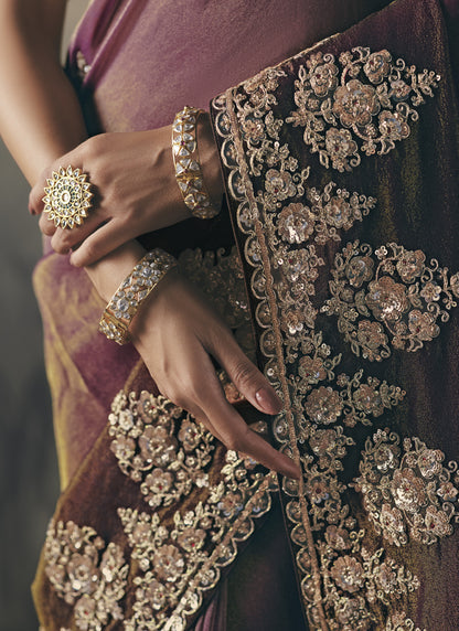 Shaded Wine Heavy Designer Border With Designer Blouse Wedding Wear Saree