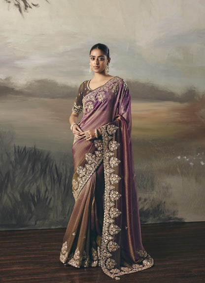 Shaded Wine Heavy Designer Border With Designer Blouse Wedding Wear Saree