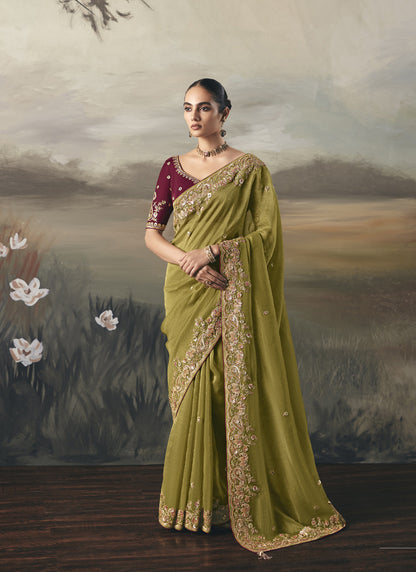 Olive Heavy Designer Border With Designer Blouse Wedding Wear Saree