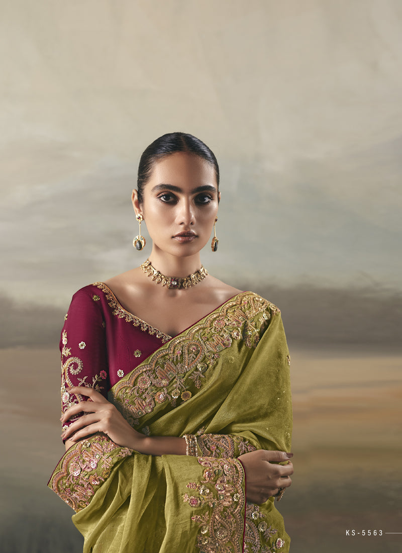 Olive Heavy Designer Border With Designer Blouse Wedding Wear Saree