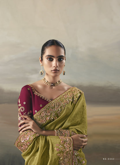 Olive Heavy Designer Border With Designer Blouse Wedding Wear Saree