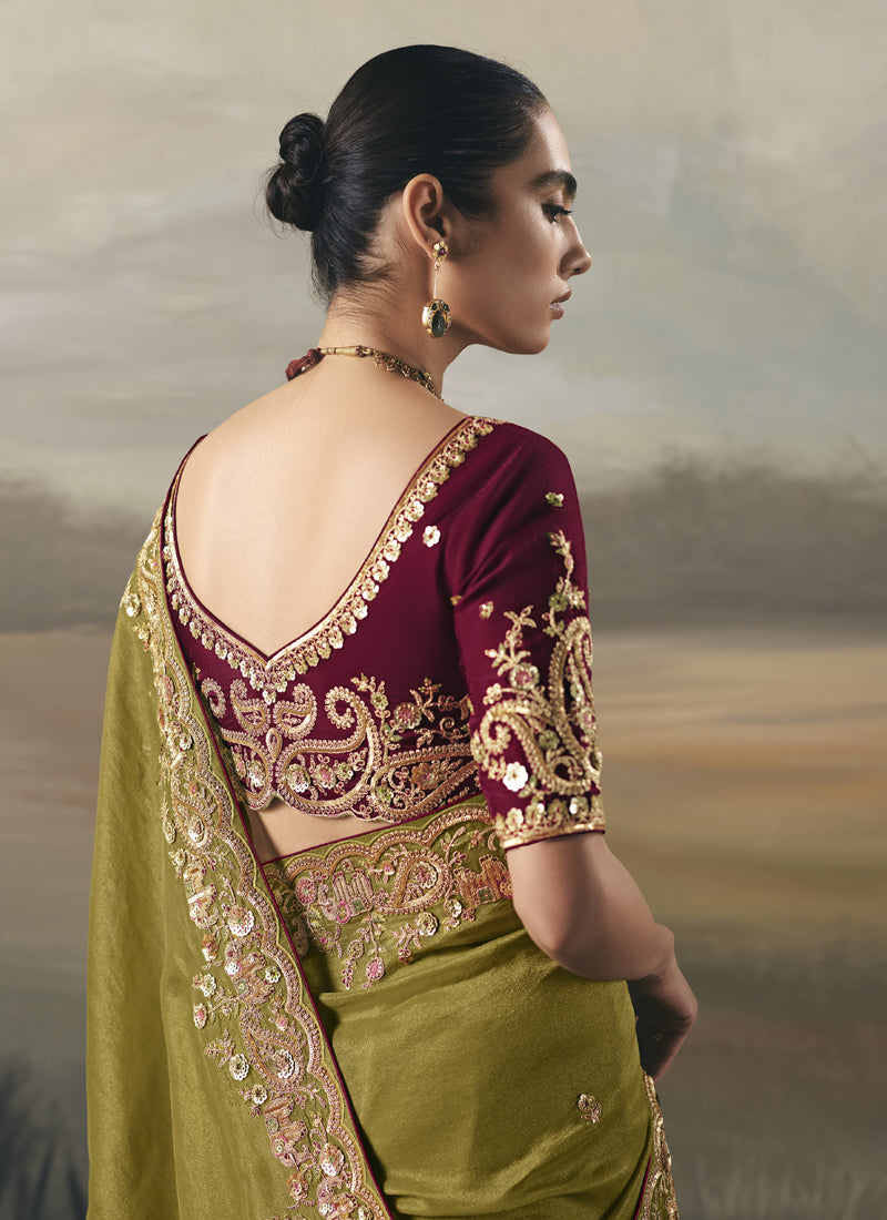 Olive Heavy Designer Border With Designer Blouse Wedding Wear Saree