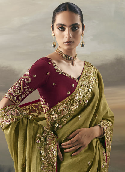 Olive Heavy Designer Border With Designer Blouse Wedding Wear Saree