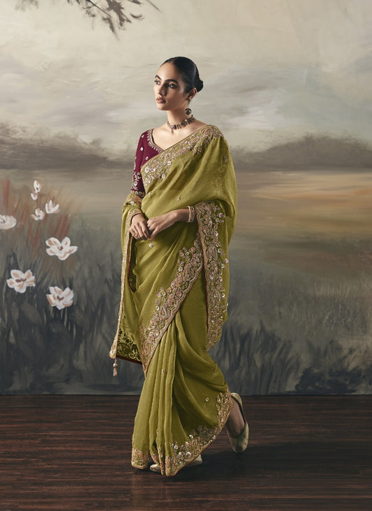 Olive Heavy Designer Border With Designer Blouse Wedding Wear Saree