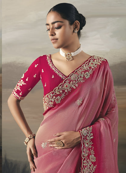 Shaded Rani Pink & Baby Pink Heavy Designer Border With Designer Blouse Wedding Wear Saree