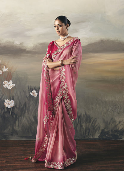 Shaded Rani Pink & Baby Pink Heavy Designer Border With Designer Blouse Wedding Wear Saree