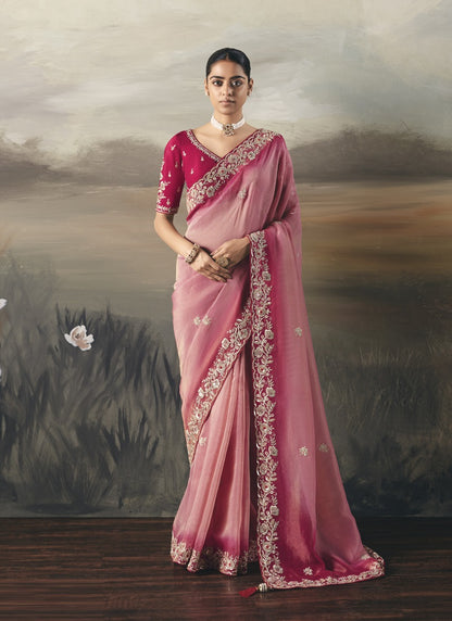 Shaded Rani Pink & Baby Pink Heavy Designer Border With Designer Blouse Wedding Wear Saree