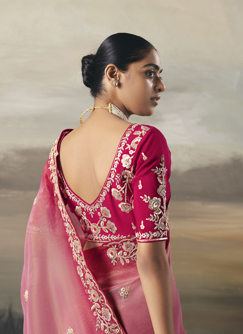 Shaded Rani Pink & Baby Pink Heavy Designer Border With Designer Blouse Wedding Wear Saree