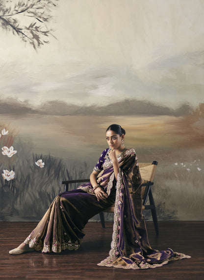 Shaded Purple Heavy Designer Border With Designer Blouse Wedding Wear Saree