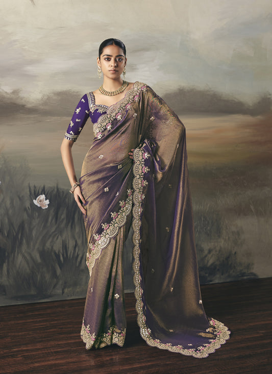 Shaded Purple Heavy Designer Border With Designer Blouse Wedding Wear Saree