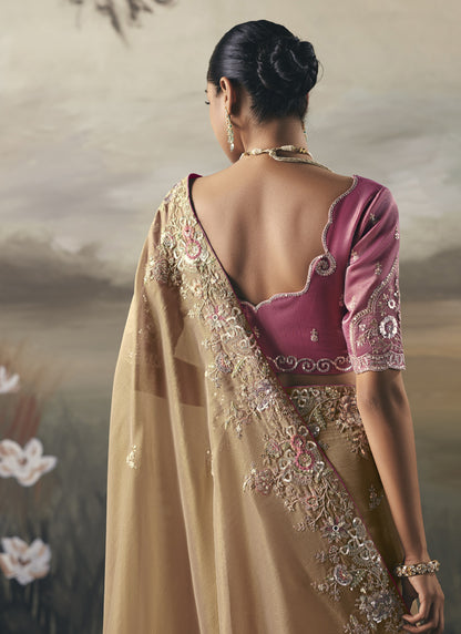 Beige Heavy Designer Border With Designer Blouse Wedding Wear Saree