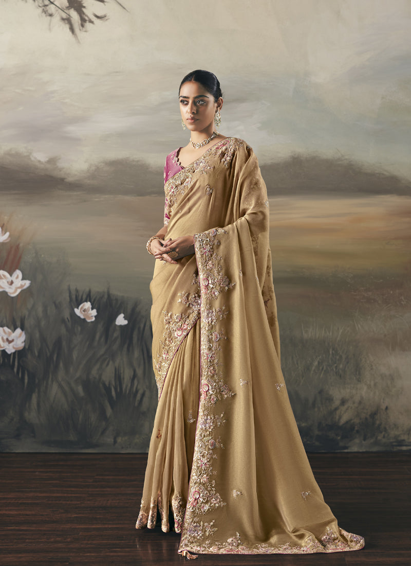 Beige Heavy Designer Border With Designer Blouse Wedding Wear Saree