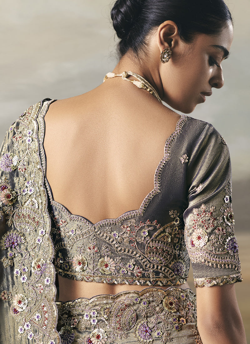 Shaded Gray Designer Border With Designer Blouse Wedding Wear Saree