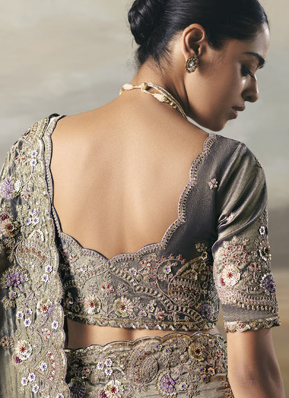 Shaded Gray Designer Border With Designer Blouse Wedding Wear Saree