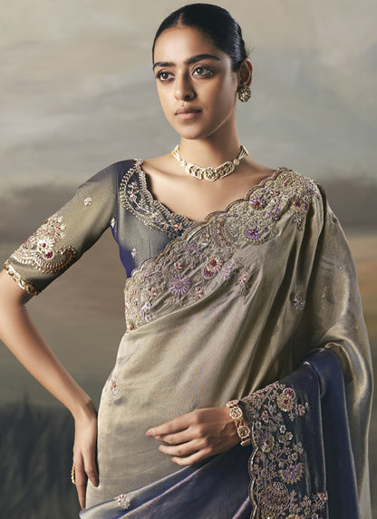 Shaded Gray Designer Border With Designer Blouse Wedding Wear Saree