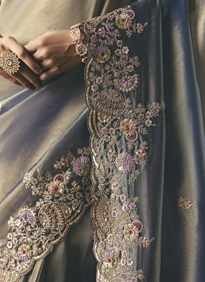 Shaded Gray Designer Border With Designer Blouse Wedding Wear Saree