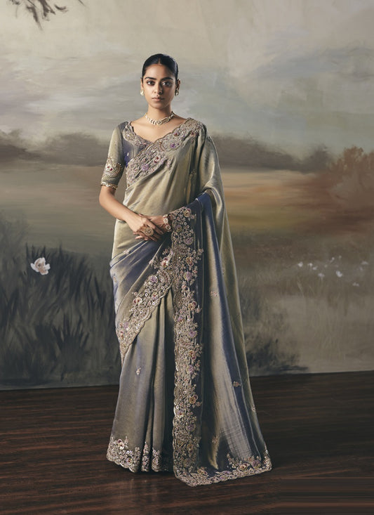 Shaded Gray Designer Border With Designer Blouse Wedding Wear Saree