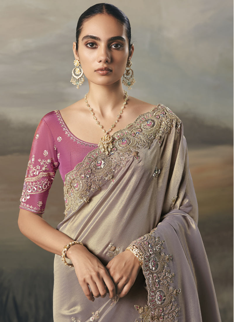 Beige Designer Border With Designer Blouse Wedding Wear Saree