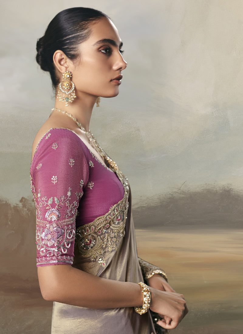 Beige Designer Border With Designer Blouse Wedding Wear Saree