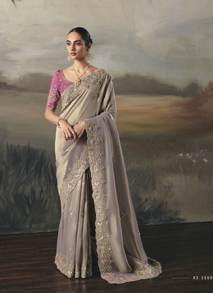 Beige Designer Border With Designer Blouse Wedding Wear Saree