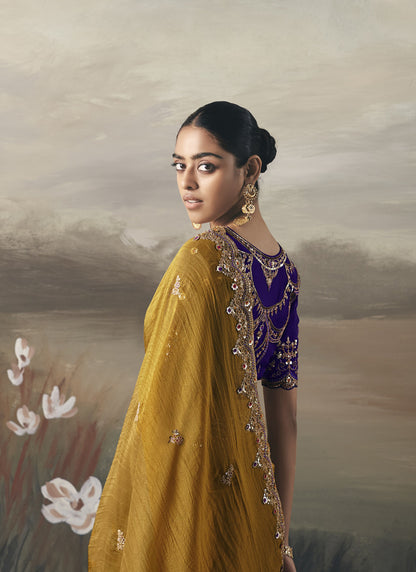 Mustard Designer Border With Designer Blouse Wedding Wear Saree