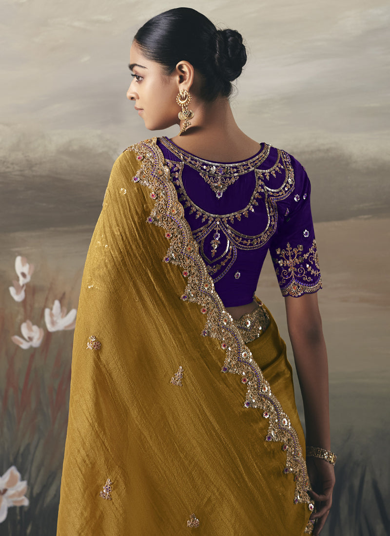 Mustard Designer Border With Designer Blouse Wedding Wear Saree