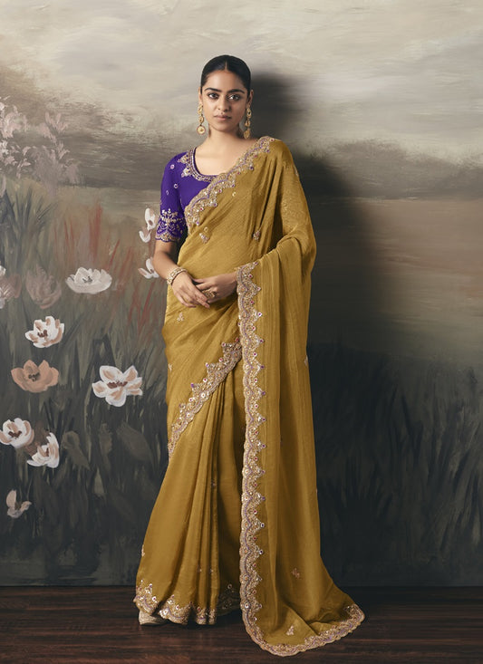 Mustard Designer Border With Designer Blouse Wedding Wear Saree