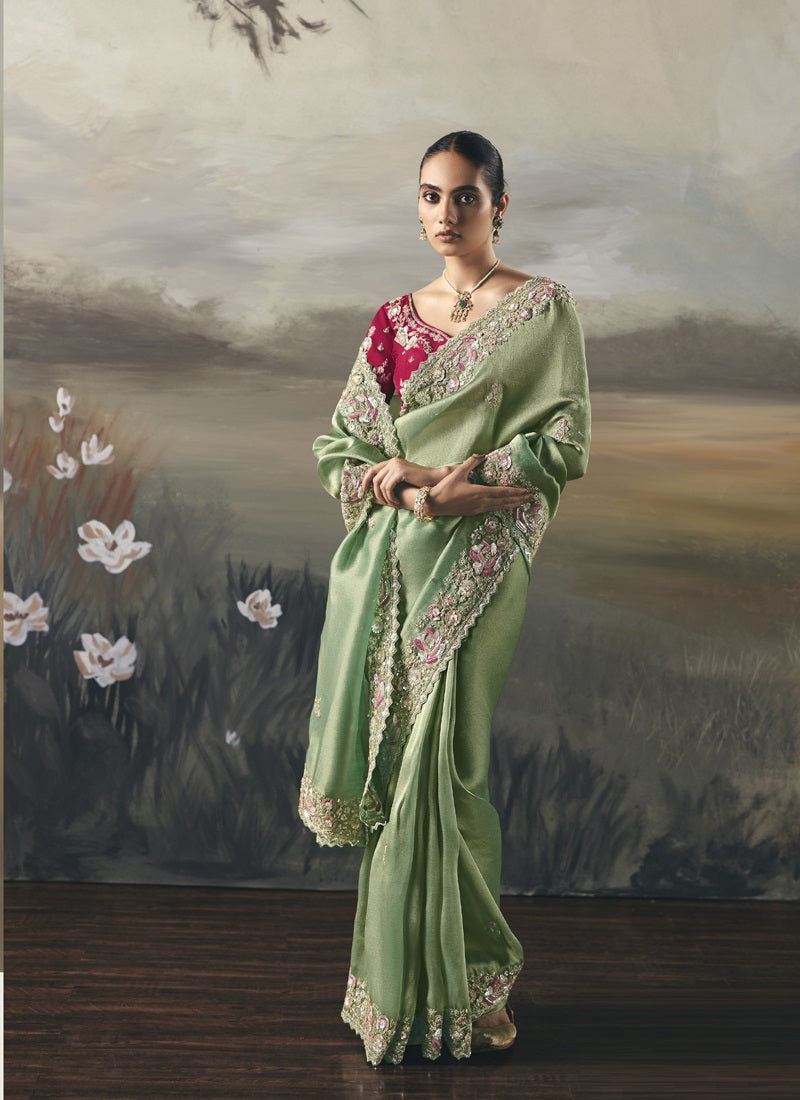 Pista Designer Border With Designer Blouse Wedding Wear Saree