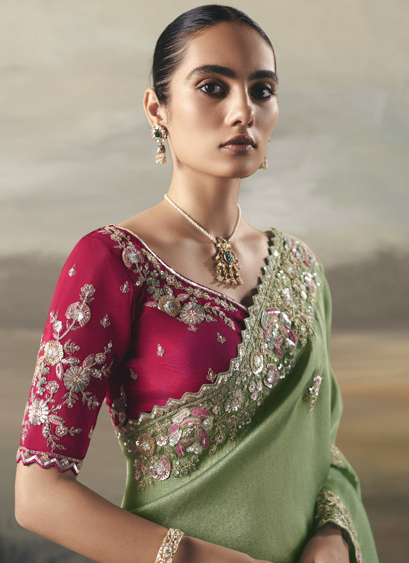Pista Designer Border With Designer Blouse Wedding Wear Saree