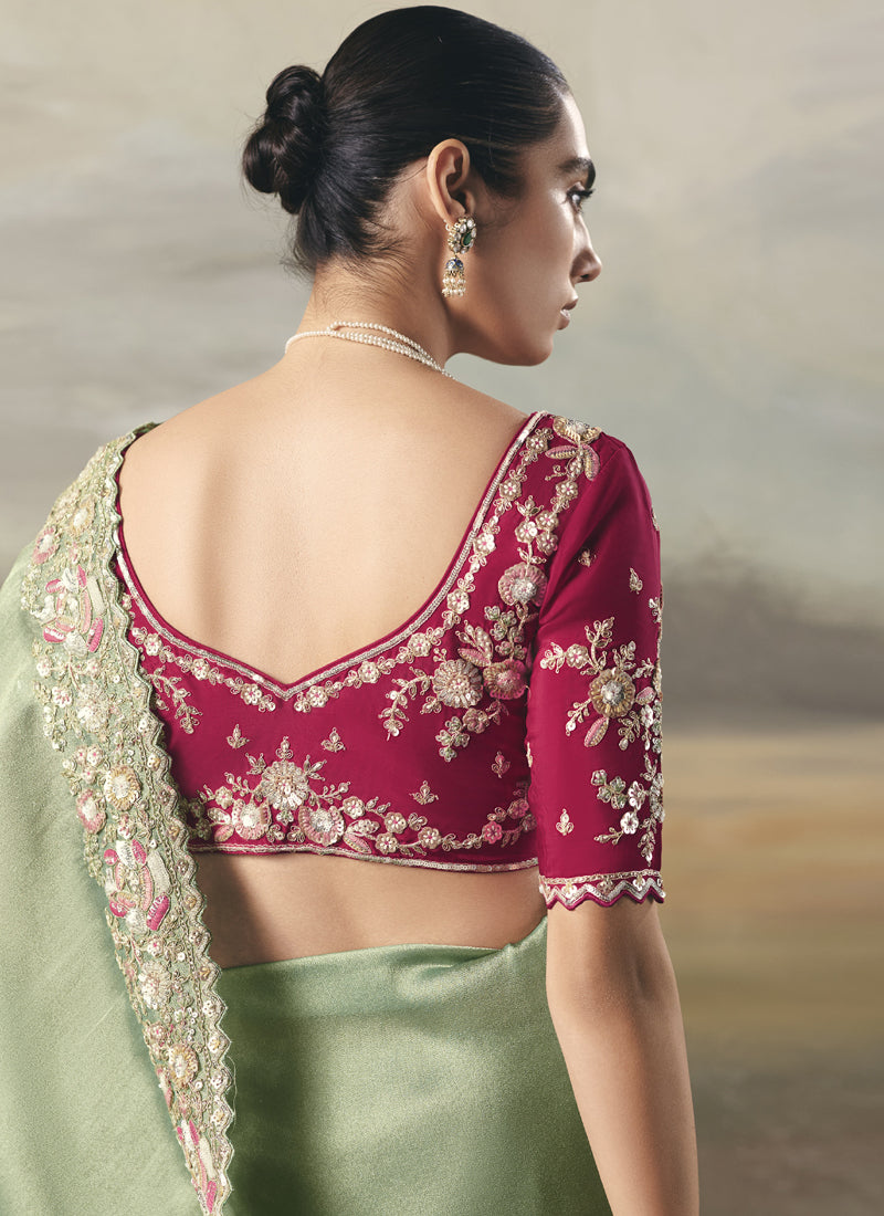 Pista Designer Border With Designer Blouse Wedding Wear Saree