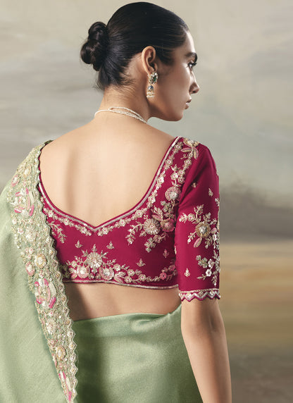 Pista Designer Border With Designer Blouse Wedding Wear Saree