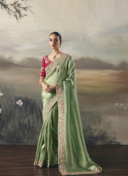 Pista Designer Border With Designer Blouse Wedding Wear Saree