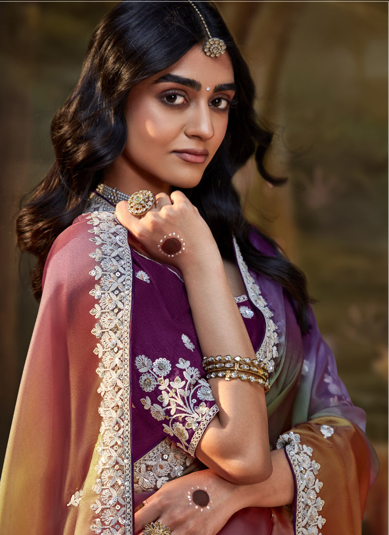 Multicolor Glass Tissue Organza Designer Sequence Work Border Party Wear Saree