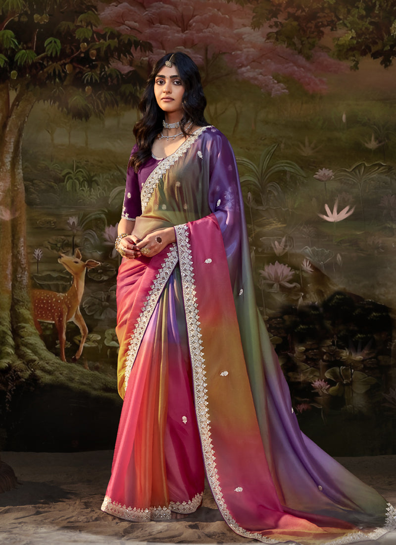 Multicolor Glass Tissue Organza Designer Sequence Work Border Party Wear Saree