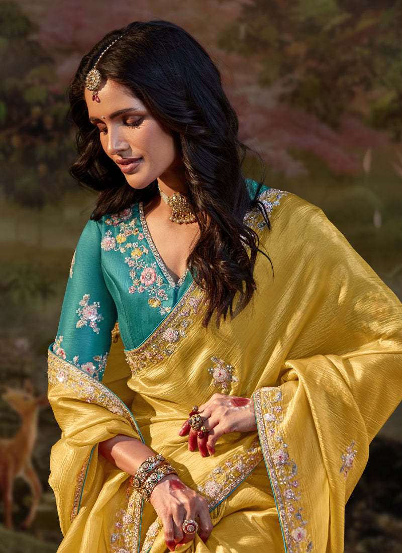 Mustard Crush Designer Heavy Sequence Work Border Party Wear Saree