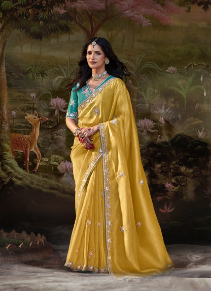 Mustard Crush Designer Heavy Sequence Work Border Party Wear Saree