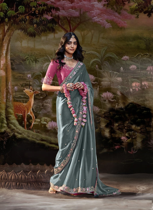 Gray Satin Silk Designer Heavy  Sequence  & Thread Work Border Party Wear Saree