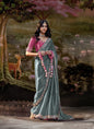 Gray Satin Silk Designer Heavy  Sequence  & Thread Work Border Party Wear Saree