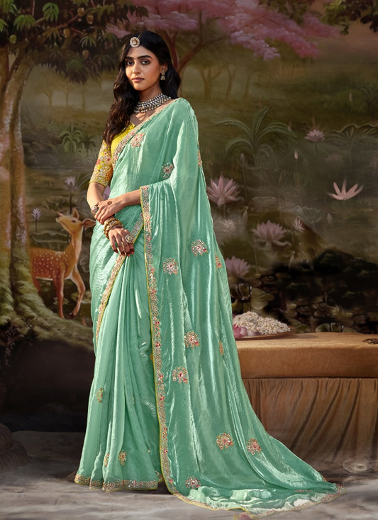 Turquoise Crush Satin Silk Designer Sequence  Zari Work Border Party Wear Saree