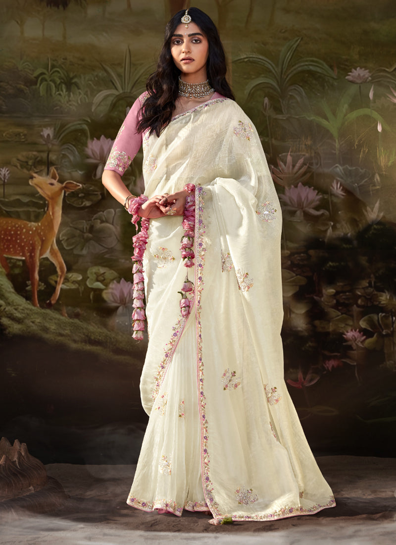 White Glass Tissue Organza Designer Heavy Sequence Work Border Party Wear Saree