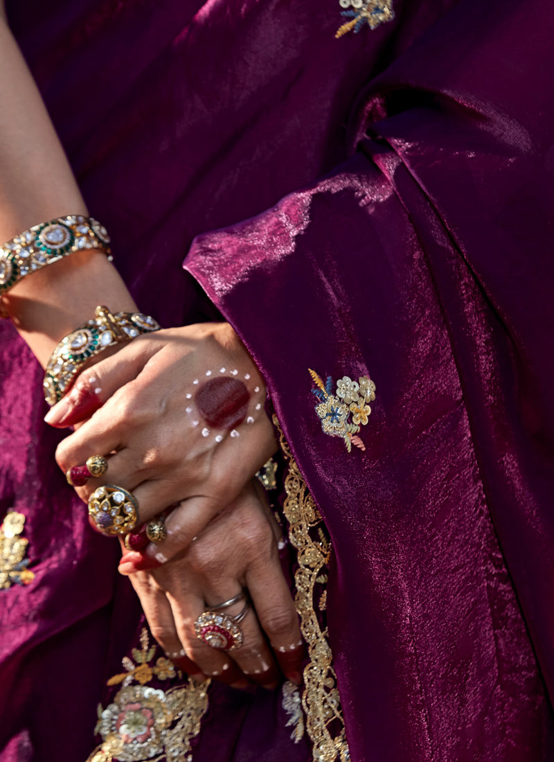 Wine Crush Satin Silk Designer Heavy Sequence Work Border Party Wear Saree