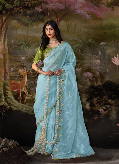 Sky Blue Glass Tissue Organza Designer Heavy Sequence Work Border Party Wear Saree