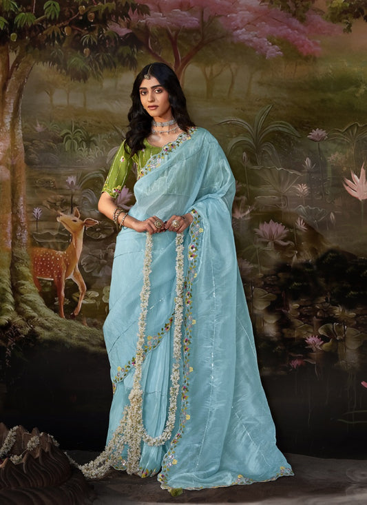 Sky Blue Glass Tissue Organza Designer Heavy Sequence Work Border Party Wear Saree