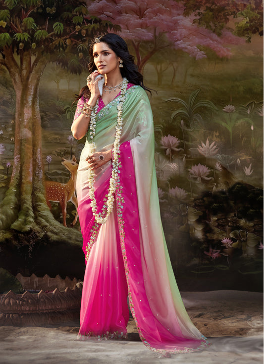 Shaded Pista & Pink Satin Silk Designer Sequence & Zari Work Border Party Wear Saree
